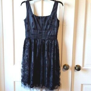 ANNA SUI SLEEVELESS BLACK FIT FLARE TANK DRESS FLORAL VELVET MESH SZ 4 RETRO